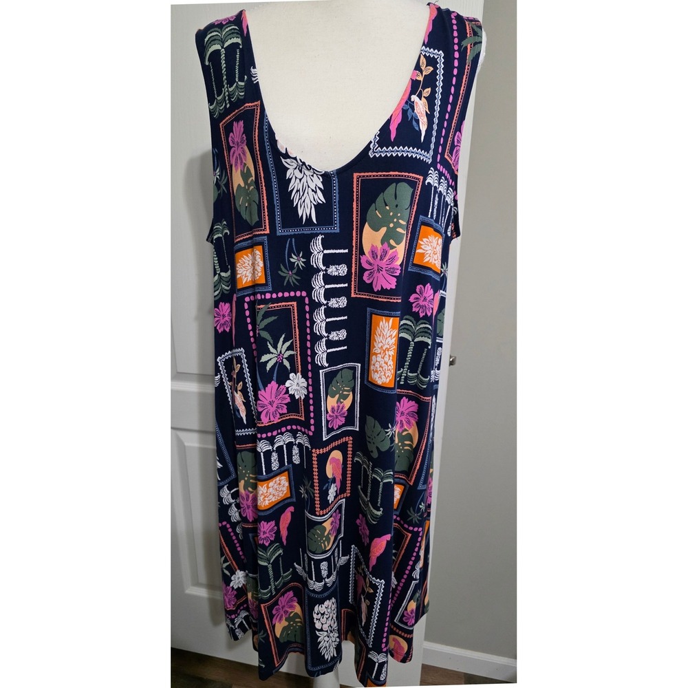 St Johns Bay Dress Cover-up Womens XXL Blue Tropical Floral Sleeveless Stretch